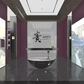 Elegant Front Desk Reception Interior With Purple Walls Curved Design Decorative Plant And Marble Floor