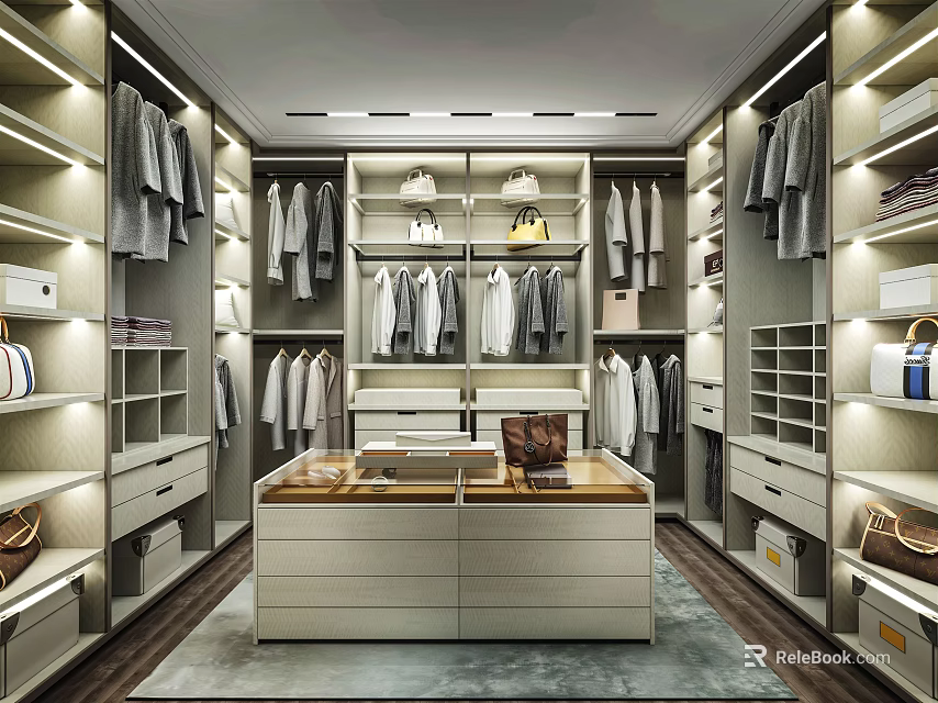 Spacious Walk in Closet Interior With Open Shelves Hanging Clothes And Central Island 3d model 