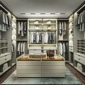 Spacious Walk in Closet Interior With Open Shelves Hanging Clothes And Central Island