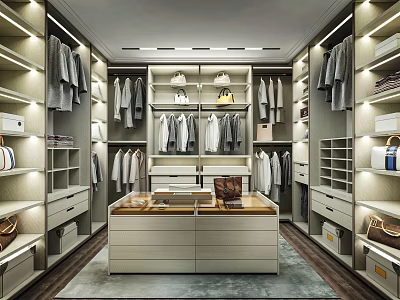 Spacious Walk in Closet Interior With Open Shelves Hanging Clothes And Central Island 3d model