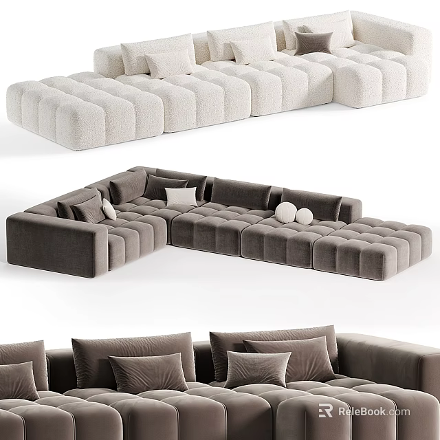Modern L Shaped Sectional Sofa With Tufted Design Beige And Gray Cushions Pillows 3d model 