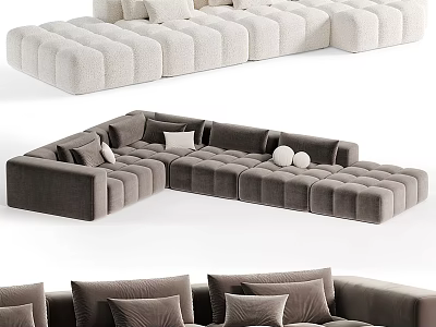 Modern L Shaped Sectional Sofa With Tufted Design Beige And Gray Cushions Pillows 3d model