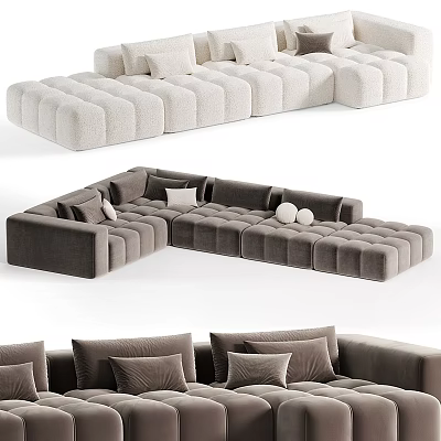 Modern L Shaped Sectional Sofa With Tufted Design Beige And Gray Cushions Pillows 3d model