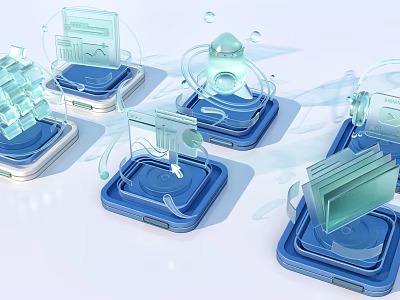 Transparent 3D Icons On Blue Base Display Platforms With Bubbles And Connecting Lines 3d model
