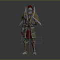 Epic Game Movie Character With Metallic Armor Red Cape Golden Accents And Spear