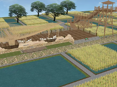 Rural Landscape Featuring Yellow Rice Fields Wooden Pavilion Blue Pond and Green Trees 3d model
