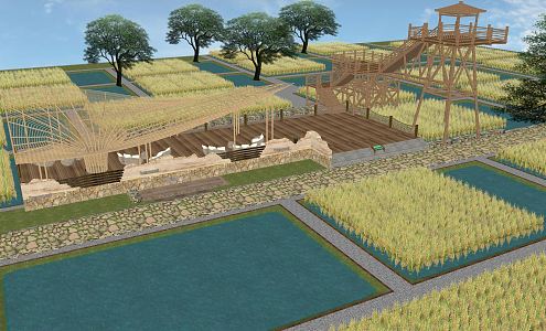 Modern Paddy Field Farm Paddy Field Landscape Recreation Gallery Rack 3d model