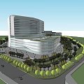 Modern Office Building With Curved Glass Facade And Landscaped Entrance Area