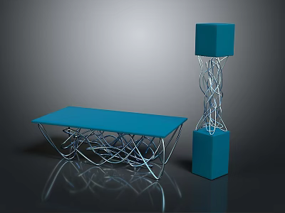 Modern Blue Furniture Set Featuring Table With Metal Frame And Spiral Floor Lamp 3d model