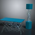 Modern Blue Furniture Set Featuring Table With Metal Frame And Spiral Floor Lamp