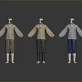 Traditional Korean Hanbok Clothing On Three Mannequins With Colored Tops Dark Pants And White Shoes