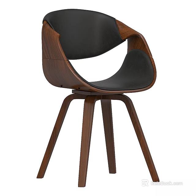 Modern Single Accent Chair With Wooden Frame Black Leather Seat And Curved Backrest 3d model 