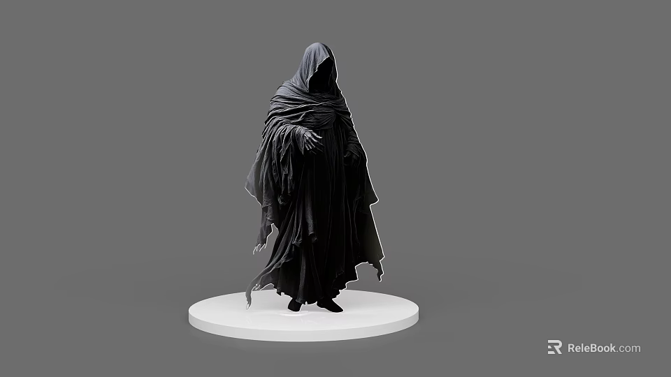 Mysterious Dark Game And Movie Character With Black Cloak Hooded Head On White Circular Base 3d model 
