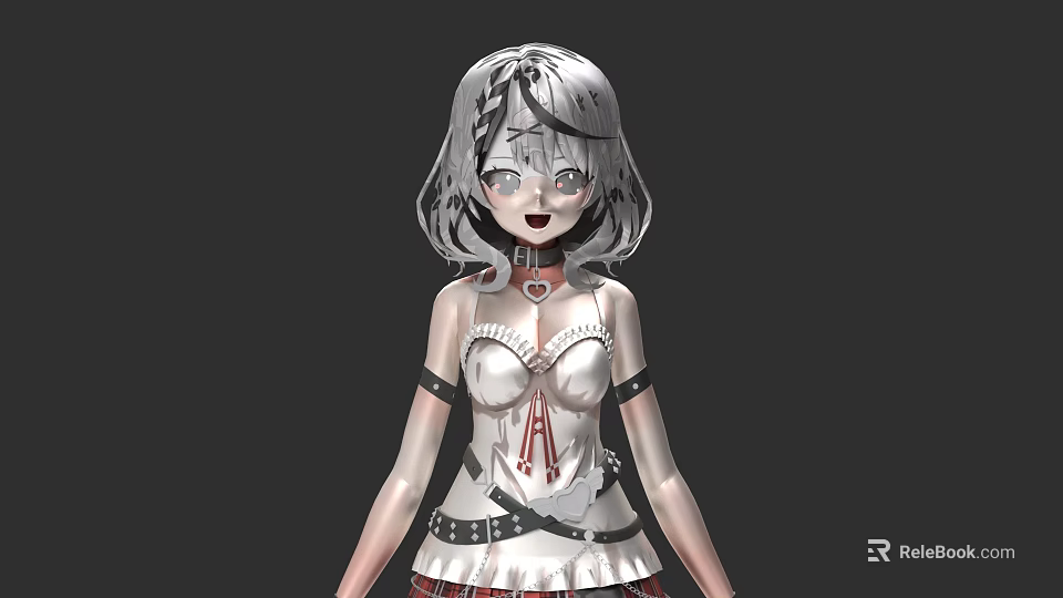 Anime Style Game Character With Silver White Short Hair Double Braids And Blue Eyes 3d model 