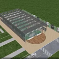 Industrial Factory Building With Glass Roof And Walls Chandeliers Tables Chairs Green Plants Water Pool Green Flooring White Umbrellas