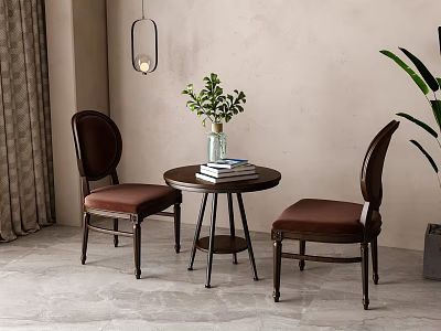 Interior Table And Chair Set With Brown Upholstered Chairs Round Small Table Green Plant And Books 3d model