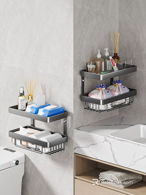 Practical Bathroom Accessories Organizer With Wall Mounted Shelves Holding Soap Towels And Toiletries 3d model 