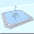 Elegant Water Fountain With Central Statue Square Stone Base Clear Water Reflection And Decorative Frame