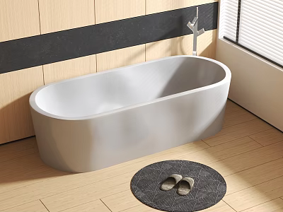 Freestanding White Bathtub with Light Wooden Wall Dark Stripe Faucet Round Mat on Wooden Floor 3d model