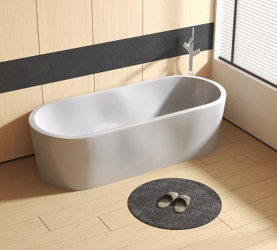 Freestanding White Bathtub with Light Wooden Wall Dark Stripe Faucet Round Mat on Wooden Floor 3d model