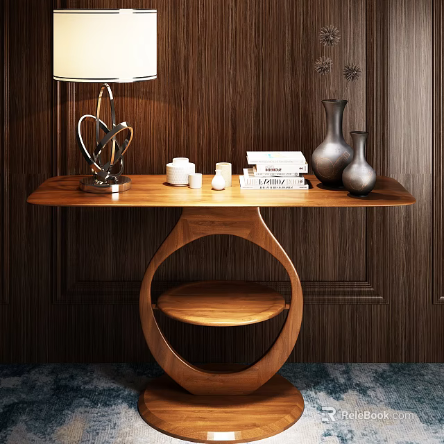 Elegant Wooden Console Table With Table Lamp Tea Cups Books And Vases On Wooden Wall 3d model 
