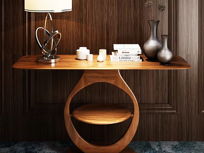 Elegant Wooden Console Table With Table Lamp Tea Cups Books And Vases On Wooden Wall 3d model