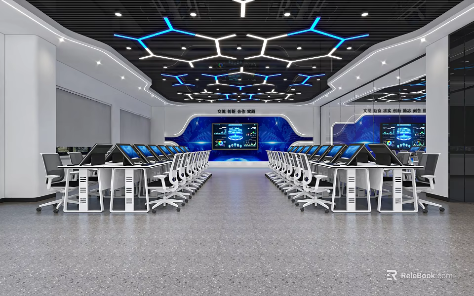 Modern Monitoring Room With Computers Consoles Blue Lighting And Geometric Ceiling 3d model 