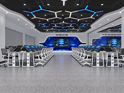 Modern Monitoring Room With Computers Consoles Blue Lighting And Geometric Ceiling 3d model