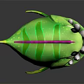 Green Fish Like Creature Character With Pink Fin Black Horns Red Eyes And Sharp Teeth