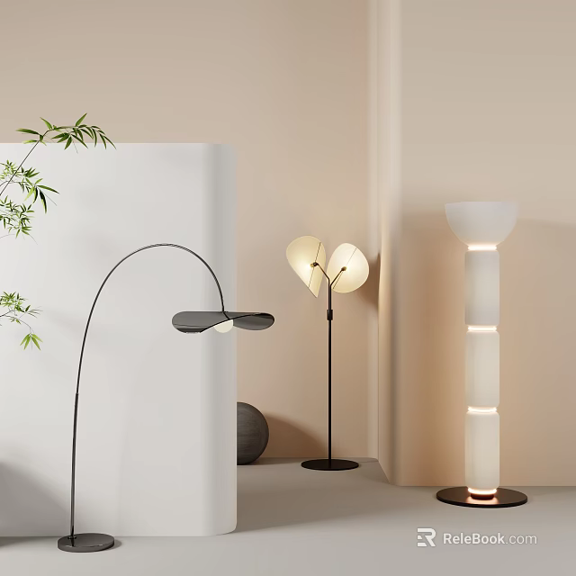 Stylish Modern Floor Lamps With Arched Petal And Cylindrical Designs In Interior 3d model 