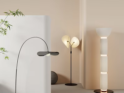 Stylish Modern Floor Lamps With Arched Petal And Cylindrical Designs In Interior 3d model