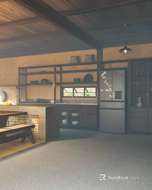 Rustic Kitchen Interior Design With Wooden Shelves Refrigerator Cabinets And Window 3d model 