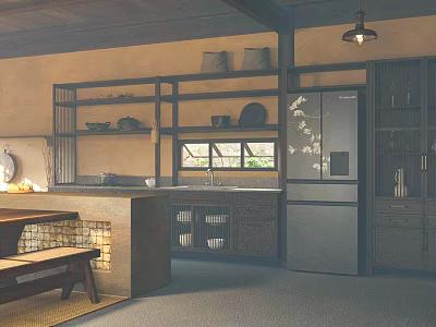 Rustic Kitchen Interior Design With Wooden Shelves Refrigerator Cabinets And Window 3d model