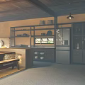 Rustic Kitchen Interior Design With Wooden Shelves Refrigerator Cabinets And Window