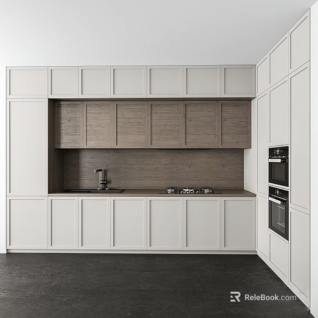 Modern Kitchen with White Cabinets Wooden Upper Cabinets Countertop Sink Gas Stove and Built-in Oven 3d model 