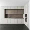 Modern Kitchen with White Cabinets Wooden Upper Cabinets Countertop Sink Gas Stove and Built-in Oven