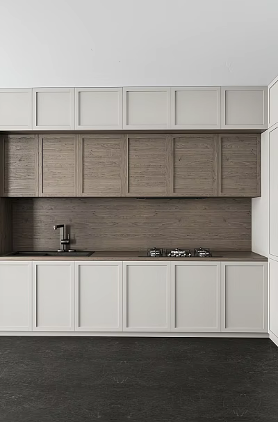 Modern Kitchen with White Cabinets Wooden Upper Cabinets Countertop Sink Gas Stove and Built-in Oven 3d model