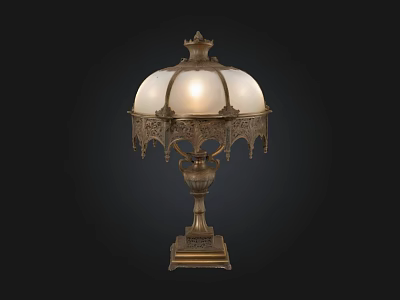 Elegant Vintage Brass Table Lamp With White Lampshade And Ornate Carved Base Details 3d model