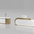 Modern Reception Desk Design With Curved White Surface Wooden Trim And Small Plant