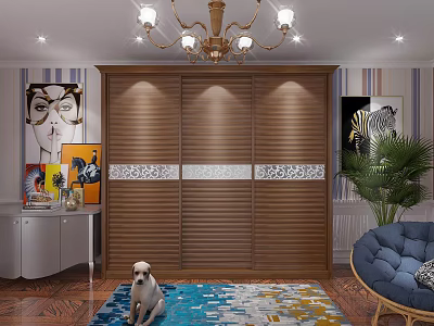 Wooden Sliding Door Wardrobe in Living Room with Chandelier Colorful Rug and Decorative Paintings 3d model