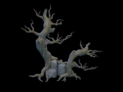 Natural Plant Combination With Withered Tree Trunks Exposed Roots And Stones 3d model