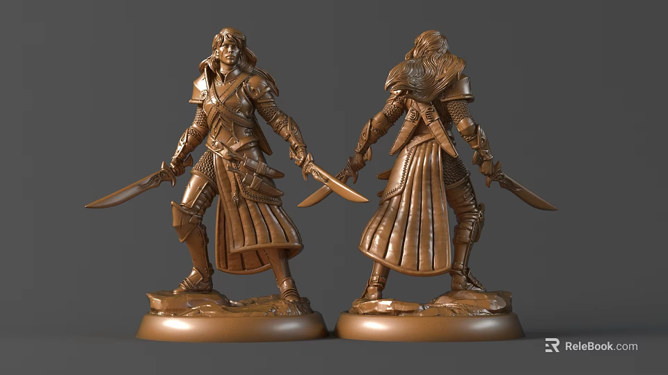 Carved Armored Warrior Sculpture With Double View Holding Swords And Base 3d model 