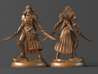 Carved Armored Warrior Sculpture With Double View Holding Swords And Base 3d model