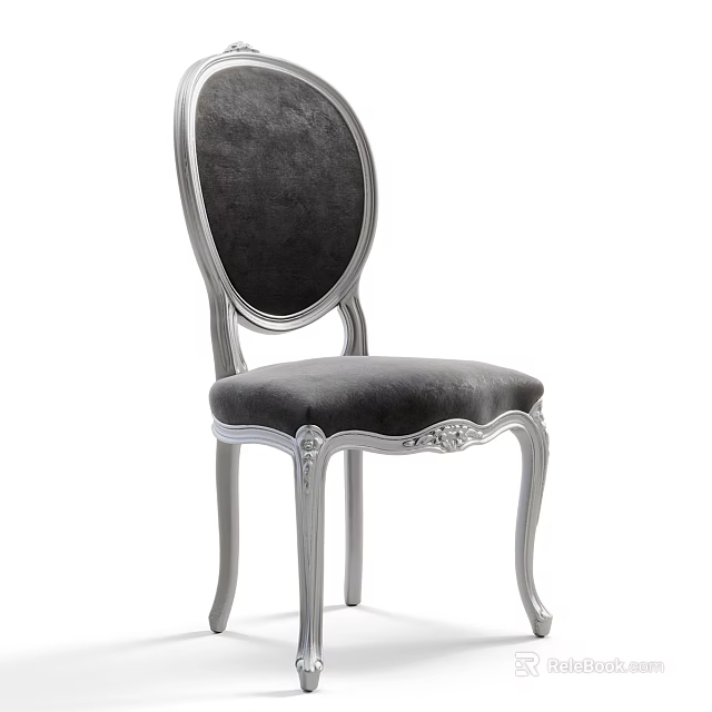 Elegant Gray Velvet Leisure Chair With Oval Backrest And Silver Carved Legs 3d model 