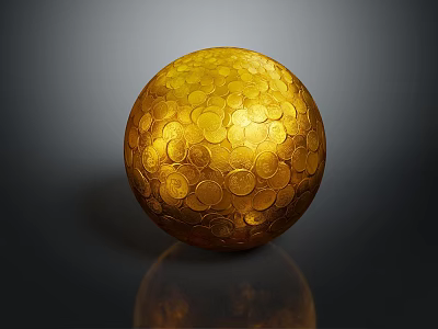 Shiny Golden Sphere With Coin Like Circular Patterns On Dark Surface 3d model