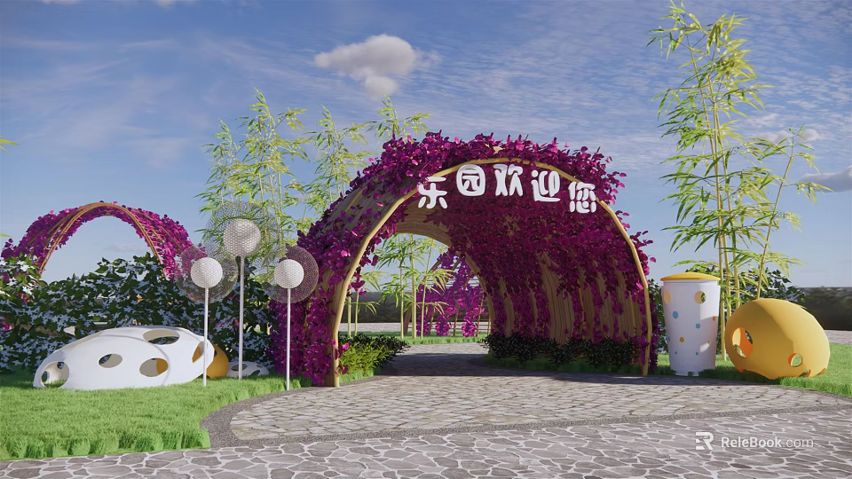 Arched Entrance Gate Decorated With Purple Flowers In Park With Green Plants And Stone Path 3d model 