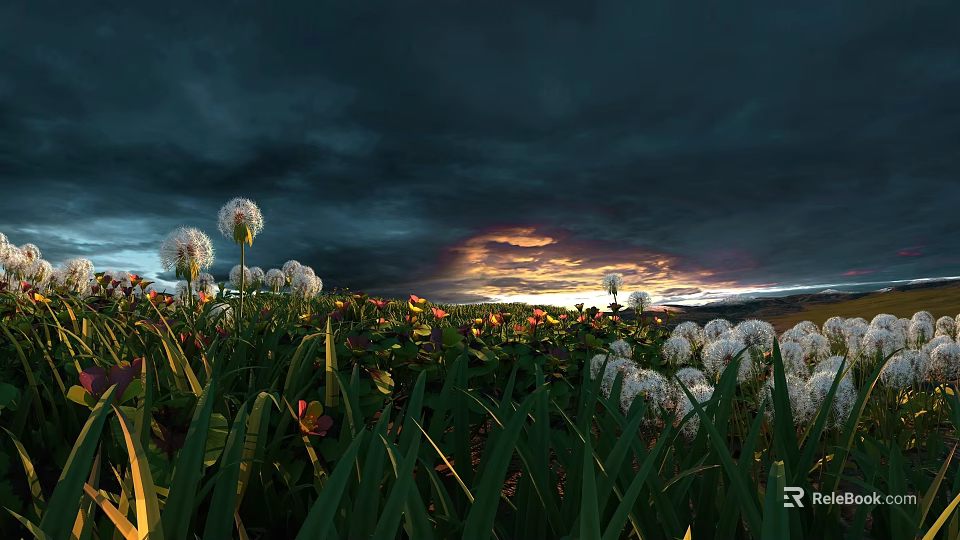 Dandelions And Colorful Wildflowers In Lush Grass Field Under Dramatic Sky 3d model 