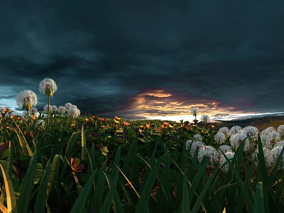 Dandelions And Colorful Wildflowers In Lush Grass Field Under Dramatic Sky 3d model