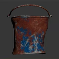 Industrial Equipment Metal Bucket With Red And Blue Rustic Textured Surface And Handle