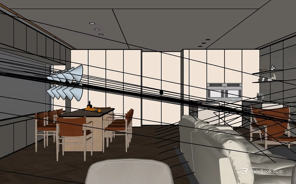 Modern Office Interior Design With Large Windows Sofa And Wooden Tables 3d model